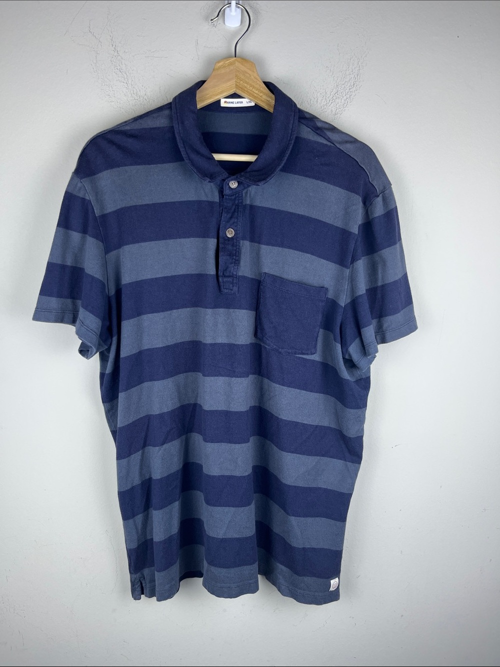 Marine Layer Men's L/XL Navy Slate Striped Short Sleeve Polo Shirt Casual